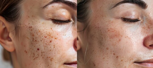 Before and After Laser Treatment Effects on Age Spots on Woman's Face - Skincare Transformation