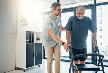 Physiotherapist, walking frame and old man for rehabilitation, consulting and recovery. Healthcare,...