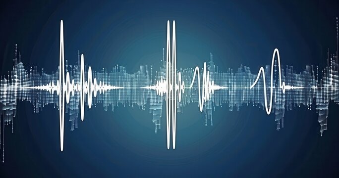 Abstract visualization of sound waves on a dark blue background, perfect for illustrating audio concepts, music, and technology.