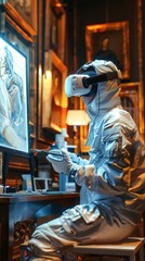 Person in a futuristic outfit using virtual reality technology in an art gallery setting, blending modern tech with classical art.