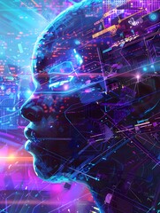 A face in the profile of a cyborg man with a technological abstract blue-purple background superimposed on top