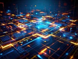 Obraz premium A vibrant digital network illustration showcasing the complexity and connectivity of modern technology with glowing lines and nodes.