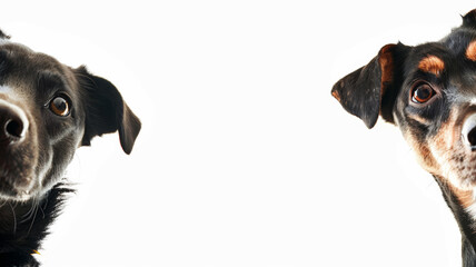 Two dogs peeks out from the sides of the screen on white background. Free space for product placement or advertising text.