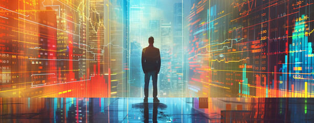 Businessman analyzing digital stock market data in a futuristic city. Digital illustration. Financial analysis and market trends concept for design and print