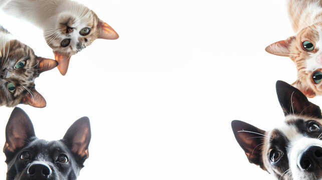 Bottom view of a cat and dog peeking out from the sides of the screen on a white background. Free space for product placement or advertising text.