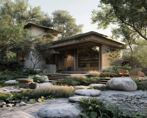 Fototapeta premium Modern house with large windows, surrounded by lush greenery and rocks, creating a serene and natural landscape in a peaceful setting.