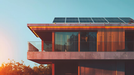 A modern house with solar panels on the roof. set against a sunny background 