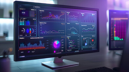 Obraz premium Computer monitor displaying an abstract network monitoring dashboard with real-time data analytics, graphs, and system health indicators.