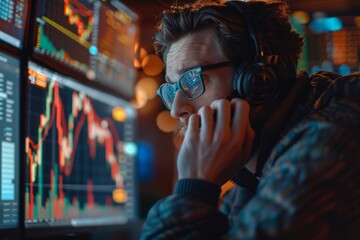 Employee Taking a Phone Call in Front of Stock Charts