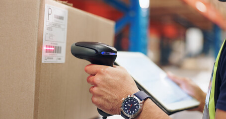 Logistics, hands and man scanning barcode in warehouse with tablet for price or serial number....