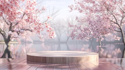 Serene Sakura Garden Wood Podium Product Presentation - Peaceful Cherry Blossom 3D Rendering