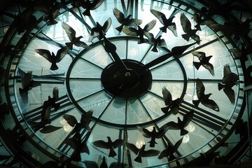 Obraz premium Looking up at a magnificent clock with silhouetted birds flying, casting dramatic shadows on the intricate glass and metal design.