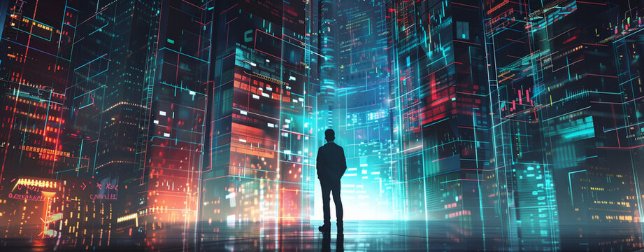 Businessman standing in front of digital data displays in a futuristic cityscape. Digital illustration. Financial analysis and market trends concept for design and print