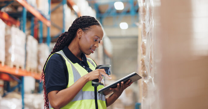 Logistics, tablet and black woman with scanner in warehouse for inspection, inventory check or pricing parcel. Shipping, checklist and employee for distribution, supply chain or quality control
