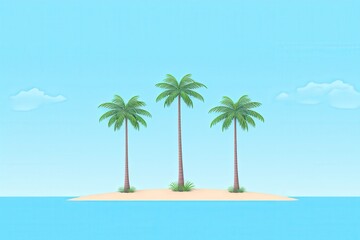 Illustration of a small tropical island with three palm trees surrounded by blue ocean under a clear sky.