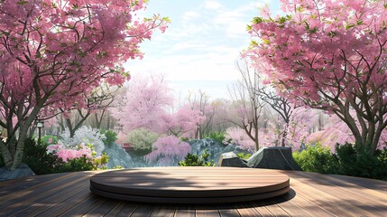 Serene Wood Podium in Blossoming Sakura Garden - Tranquil 3D Rendering