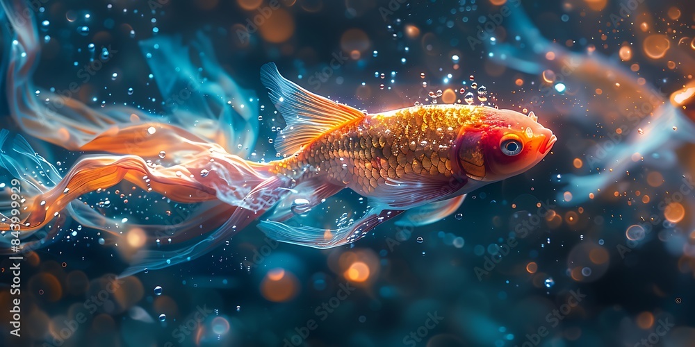 Wall mural A goldfish with flowing fins swims through bubbly water, illuminated by an ethereal glow, creating a sense of tranquility and wonder.