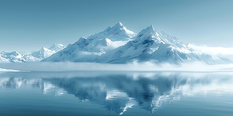 Serene winter landscape with snow-capped mountains reflected in calm water.