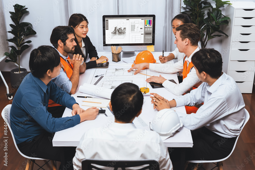 Poster diverse group of civil engineer and client working together on architectural project, reviewing cons