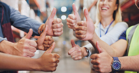 People, hands and thumbs up in logistics warehouse, partnership and collaboration or yes hand...