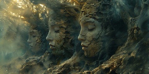 Three faces emerge from the bark of a tree, bathed in sunlight and surrounded by a mystical atmosphere.