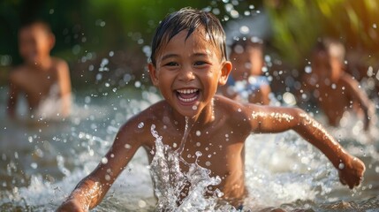 Obraz premium Children Playing Kids playing and splashing in water, illustrating the joy and vitality that water brings