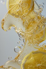 Obraz premium Close up of lemon slices in stirring the lemonade on background. Texture of cooling sweet summer's drink with macro bubbles on the glass wall. Fizzing or floating up to top of surface.