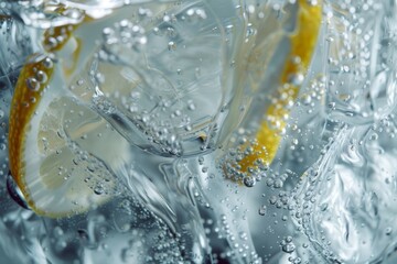 Close up of lemon slices in stirring the lemonade on background. Texture of cooling sweet summer's drink with macro bubbles on the glass wall. Fizzing or floating up to top of surface.