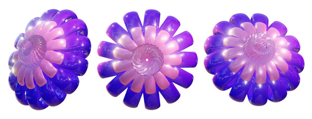 3d rendering illustration of plastic flowers. Surreal floral render. Isolated glossy cute elements on transparent background in 3 different angles.