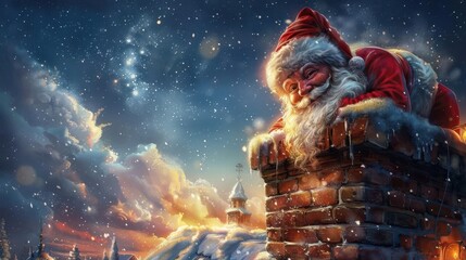 Fototapeta premium Santa Claus on Chimney under Starry Winter Night Sky, Watercolor Illustration