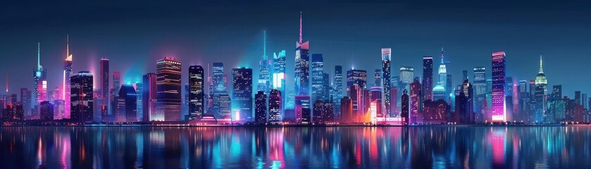 Vibrant City Skyline at Night with Reflective Waters