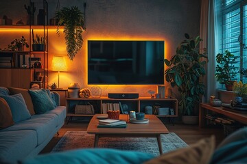 Cozy room interior with stylish furniture, decor and modern TV set.