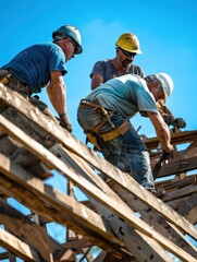 Construction workers in safety gear working together on a roof under clear blue skies, demonstrating teamwork and manual labor.