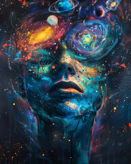 vivid portrait of a person with a galaxy face, surreal and cosmic