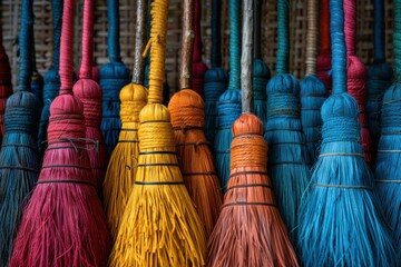 Colorful straw brooms arranged closely together, showcasing a variety of vibrant hues, ideal for cleaning concepts or traditional crafts.