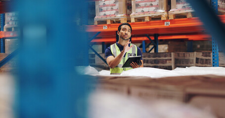 Man, tablet and inventory or warehouse inspection of cargo for ecommerce shipping, factory or...