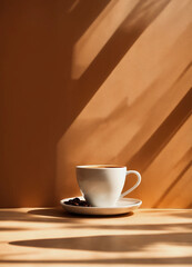 Obraz premium There is a white coffee cup on a saucer on a wooden table. There is a coffee bean on the table next to the saucer. The background is a warm brown color with shadows from a window.