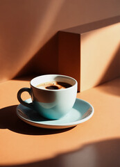 There is a blue coffee cup and saucer on a brown table. The cup is filled with coffee.

