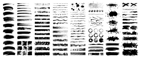 Big set of grunge textures, dirty artistic elements. frames, boxes, paint splatters, brush strokes. Vector isolated illustration. Art brushes are included. Backdrop for banners and headlines.