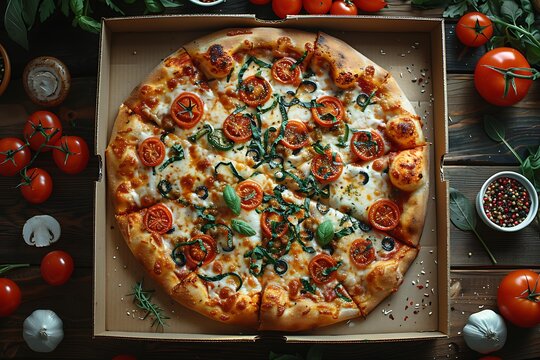 Delicious pizza with tomatoes, cheese and basil in a cardboard box on a wooden table, surrounded by fresh ingredients.