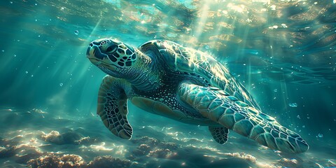 Obraz premium A serene underwater scene with a sea turtle gracefully swimming through sunlit waters, surrounded by bubbles and the ocean floor.