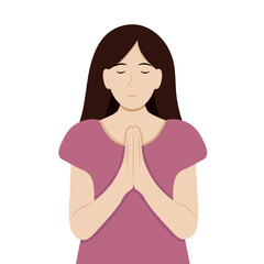 Portrait of a girl with folded hands in prayer, isolate on white, simple illustration, flat style, minimalism