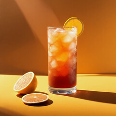 A tall glass of iced tea with a lemon slice on the rim sits on a table next to a sliced orange.

