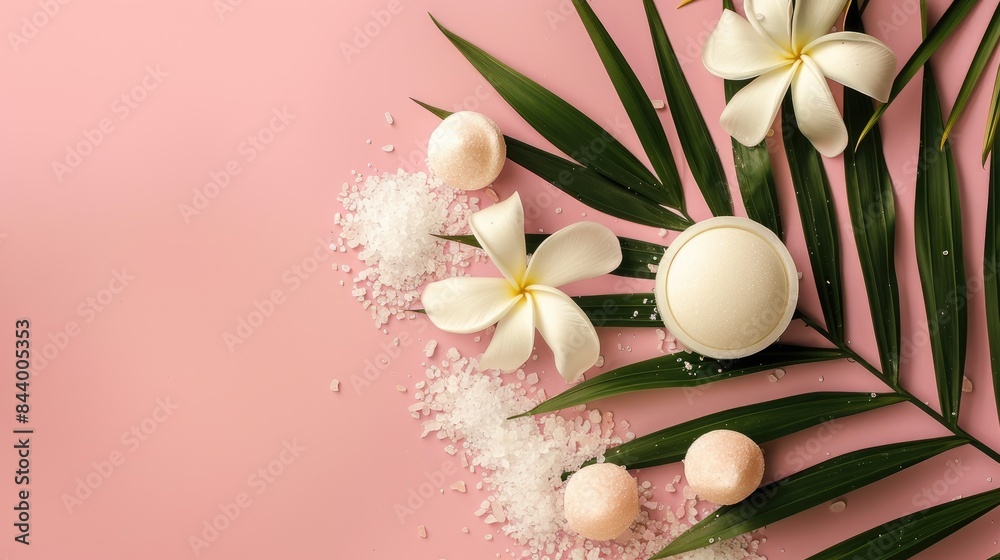 Wall mural Relaxation and Body Care Concept Tropical Spa Soap with Salt Bombs on Pink Background