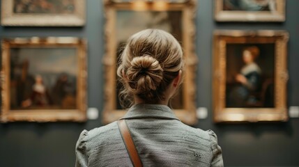 Woman with a ponytail standing and observing classical artwork in a gallery with traditional frames