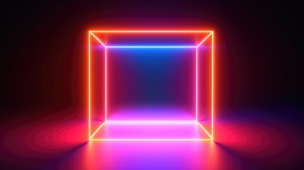 Abstract picture of colorful square shape portal with orange, blue, violet light reflecting set against in dark tone background, create futuristic visual ideal for design that require dynamic. AIG35.