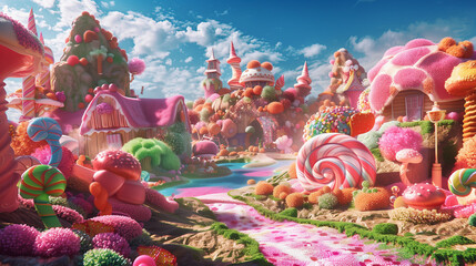 fantastical world made entirely of candy, colorful landscape with sweets and treats
