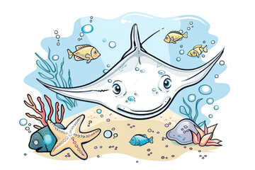 Obraz premium Stingray cartoon with fishes and starfish undersea, marine life element, coloring book.