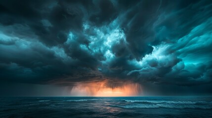 Naklejka premium Intense, dark clouds rolling in with dramatic light piercing through, creating an ominous pre-storm atmosphere