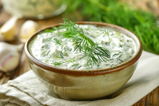 Dill sauce in bowl, tzatziki greek dip, tarator, cacik or tartar with lemon, dill dressing, mayo, yogurt cream
